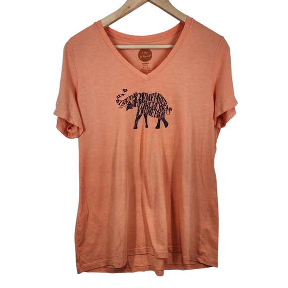 Life Is Good Tops - Life is Good Graphic TShirt Elephant Remember V-Neck Short Sleeve S Hole in Neck